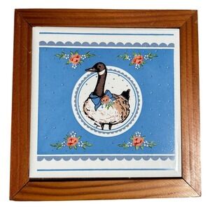 Vintage George Good Fujiyo Country Goose Framed Ceramic Tile Wall Art Blue 5.5"